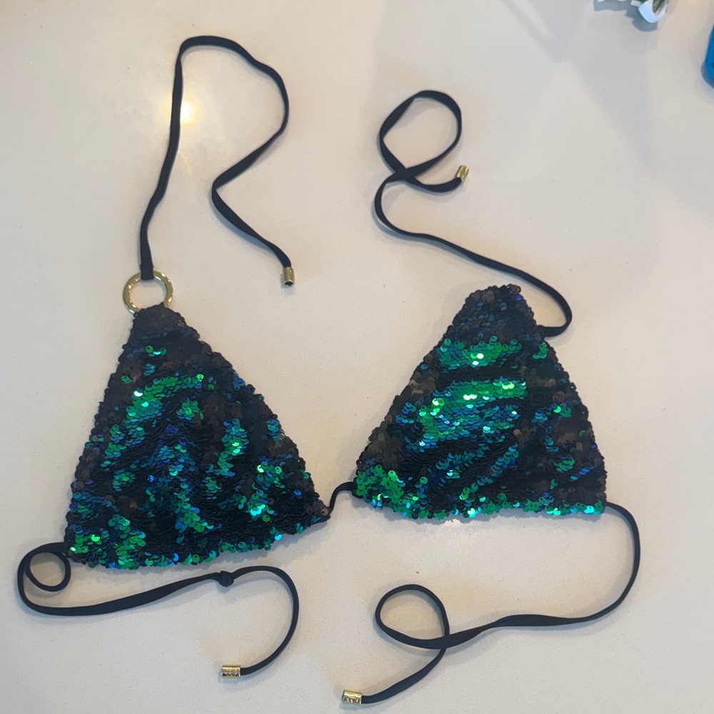 Beach Bunny Black and Green Sequin Bikini Top